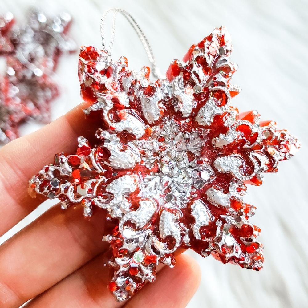 Handmade Christmas Tree Ornaments, Star, Snowflake, Red / Silver - Picture 6 of 11